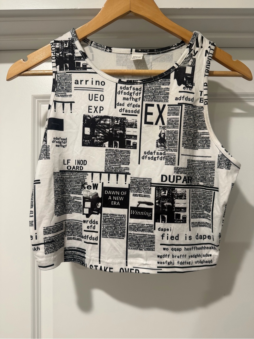 Crop Tank Top with Black & White Newspaper Print - Unbranded